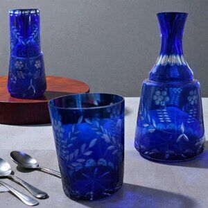 VINTAGE ROMANIAN COBALT Cut to Clear Tumble Up Carafe & Tumbler